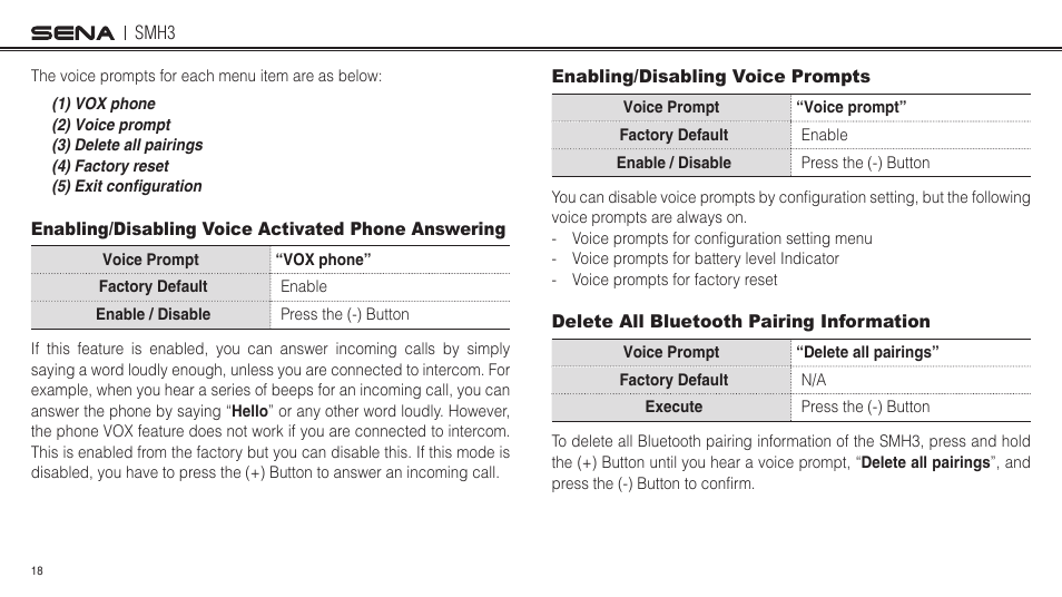 Enabling/disabling voice activated phone answering, Enabling/disabling voice prompts, Delete all bluetooth pairing information | Sena Bluetooth SMH3 1.0 User's Guide User Manual | Page 18 / 27