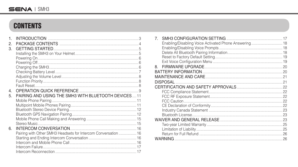 Sena Bluetooth SMH3 1.0 User's Guide User Manual | Page 2 / 27