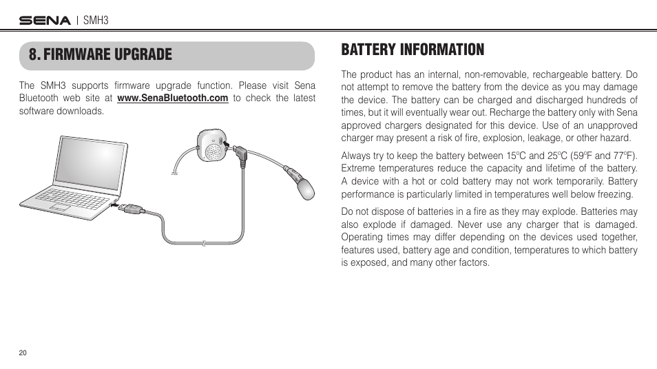 Firmware upgrade, Battery information, Firmware upgrade battery information | Sena Bluetooth SMH3 1.0 User's Guide User Manual | Page 20 / 27