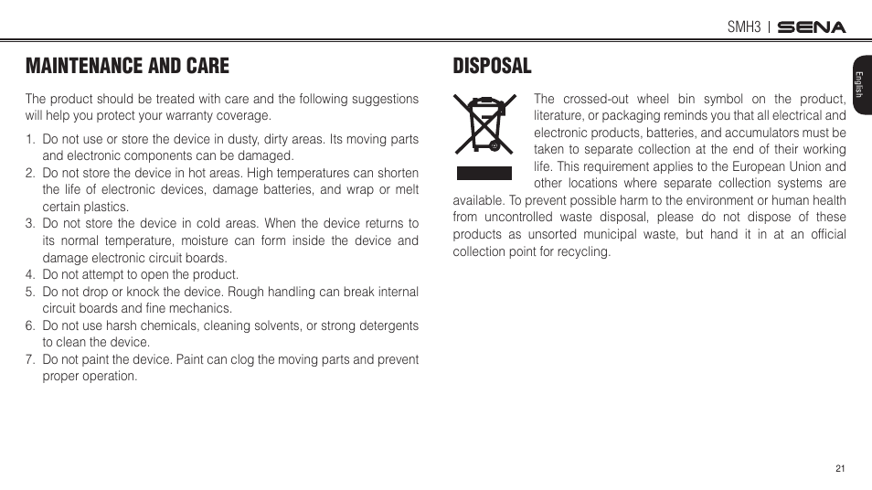Maintenance and care, Disposal | Sena Bluetooth SMH3 1.0 User's Guide User Manual | Page 21 / 27