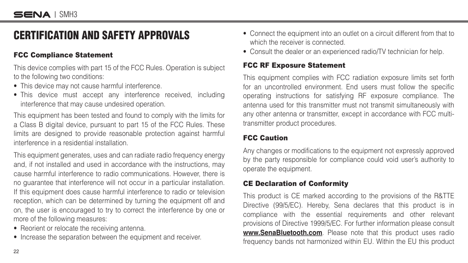 Certification and safety approvals, Fcc compliance statement, Fcc rf exposure statement | Fcc caution, Ce declaration of conformity | Sena Bluetooth SMH3 1.0 User's Guide User Manual | Page 22 / 27