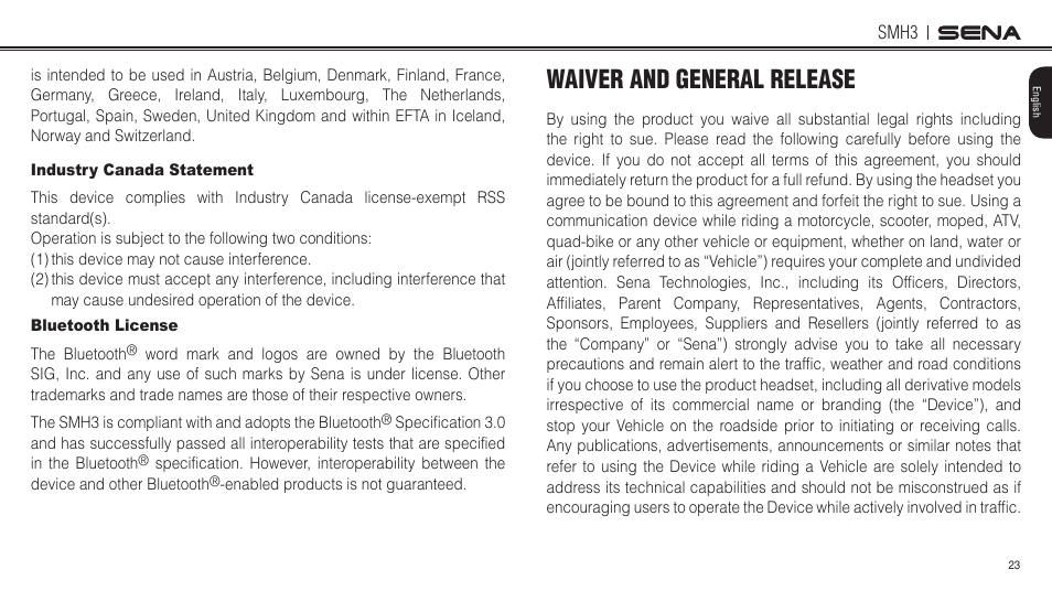 Industry canada statement, Bluetooth license, Waiver and general release | Sena Bluetooth SMH3 1.0 User's Guide User Manual | Page 23 / 27