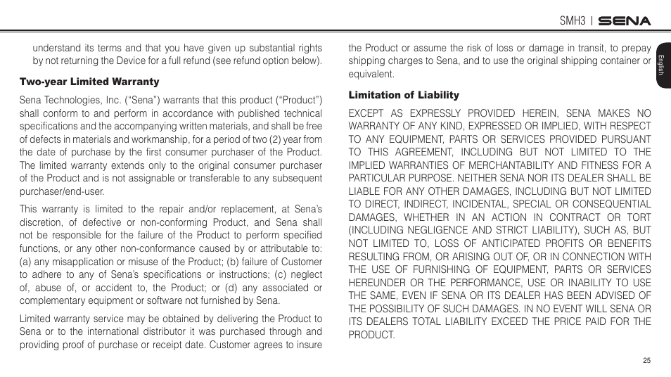 Two-year limited warranty, Limitation of liability | Sena Bluetooth SMH3 1.0 User's Guide User Manual | Page 25 / 27