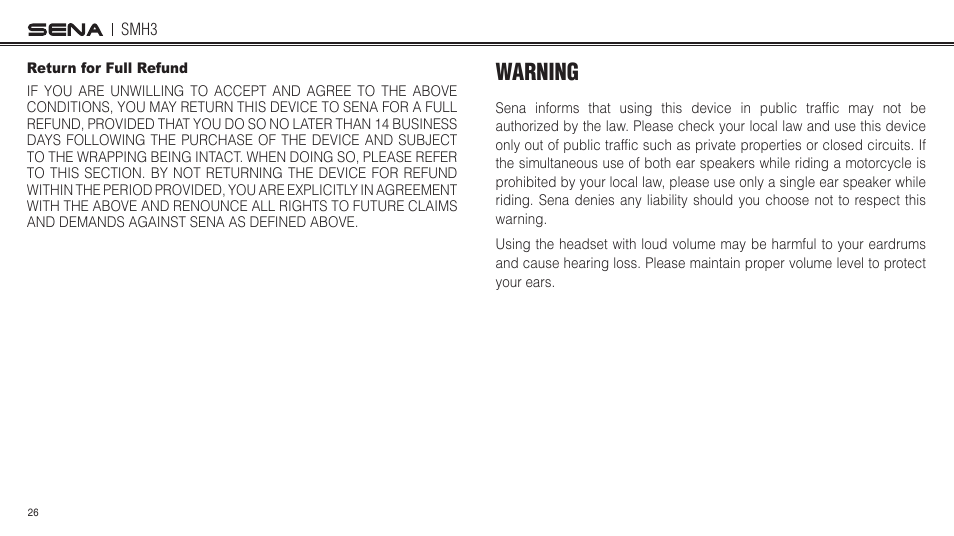 Return for full refund, Warning | Sena Bluetooth SMH3 1.0 User's Guide User Manual | Page 26 / 27