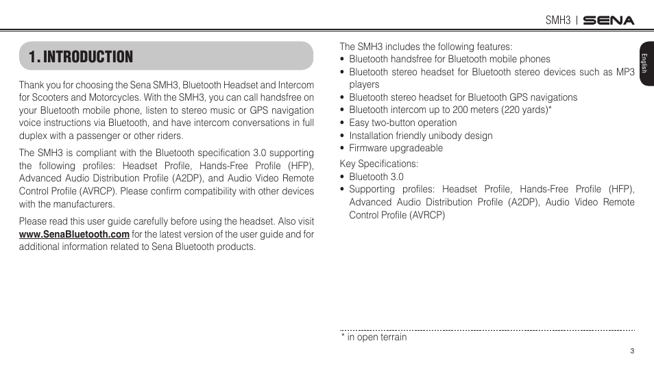 Introduction | Sena Bluetooth SMH3 1.0 User's Guide User Manual | Page 3 / 27