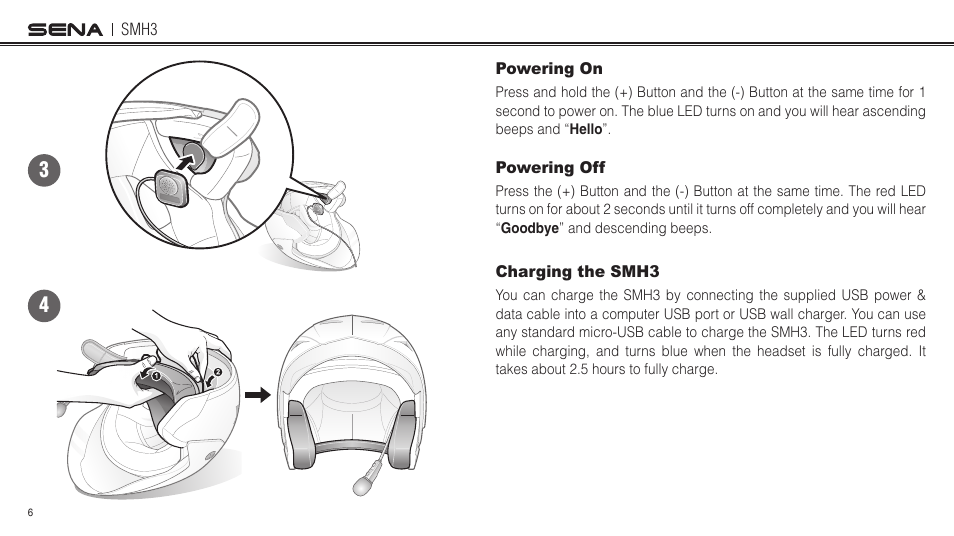Powering on, Powering off, Charging the smh3 | Sena Bluetooth SMH3 1.0 User's Guide User Manual | Page 6 / 27