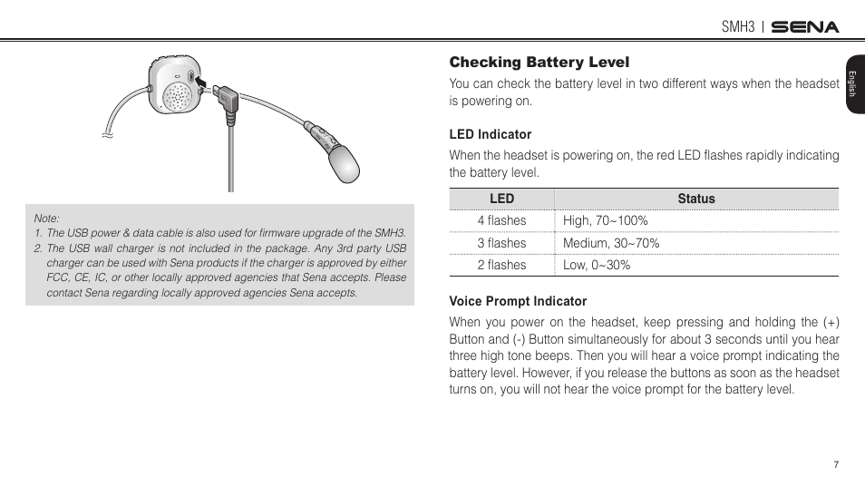 Checking battery level | Sena Bluetooth SMH3 1.0 User's Guide User Manual | Page 7 / 27