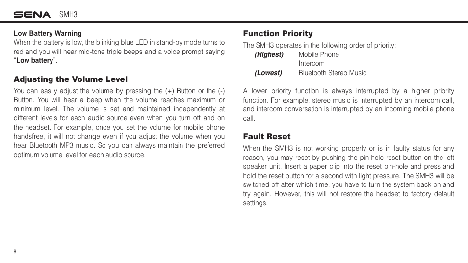 Adjusting the volume level, Function priority, Fault reset | Sena Bluetooth SMH3 1.0 User's Guide User Manual | Page 8 / 27