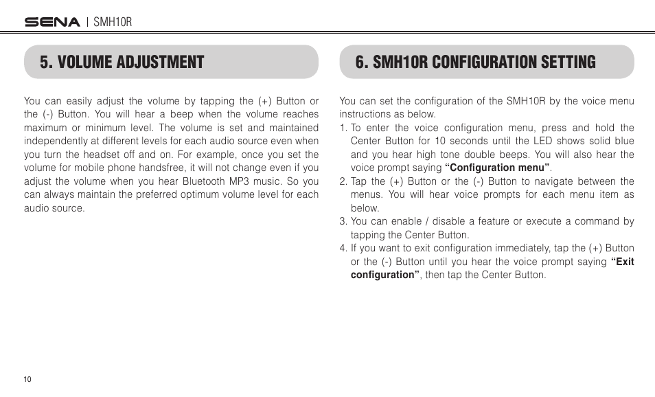 Smh10r configuration setting, Volume adjustment | Sena Bluetooth SMH10R v4.3 User's Guide User Manual | Page 10 / 51