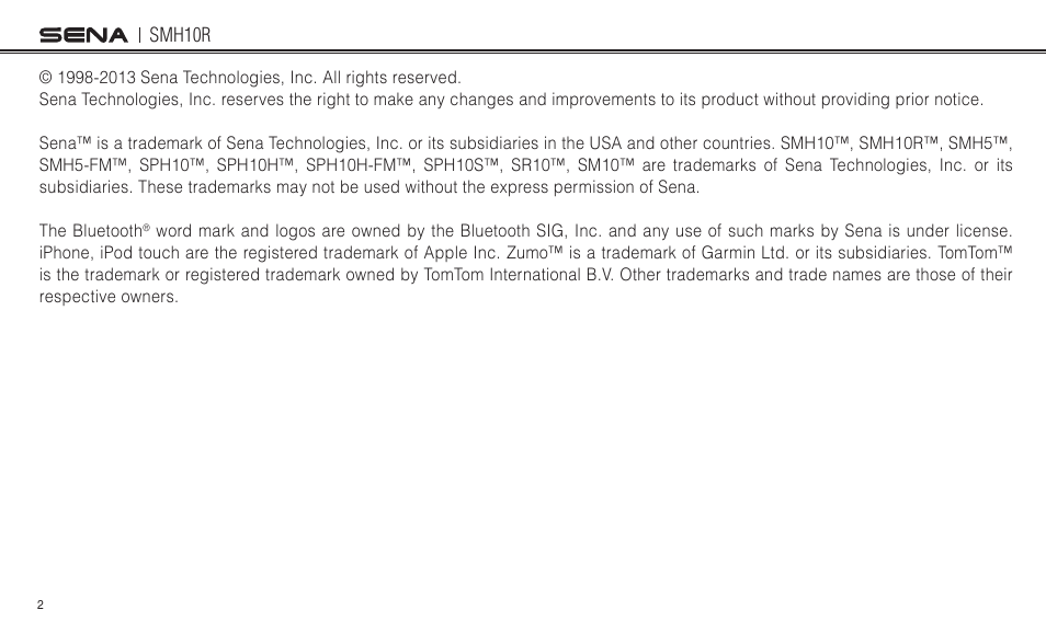 Sena Bluetooth SMH10R v4.3 User's Guide User Manual | Page 2 / 51