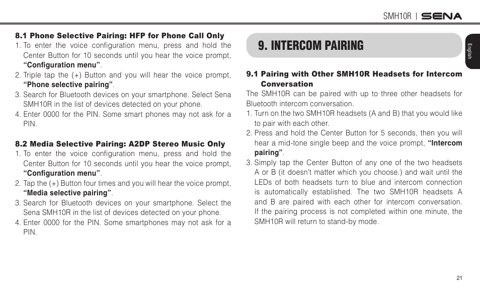 Intercom pairing | Sena Bluetooth SMH10R v4.3 User's Guide User Manual | Page 21 / 51