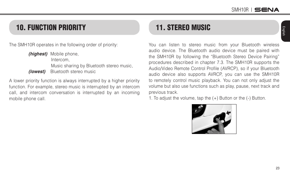 Stereo music ………………………………………………………………………………………… 23, Function priority, Stereo music | Sena Bluetooth SMH10R v4.3 User's Guide User Manual | Page 23 / 51