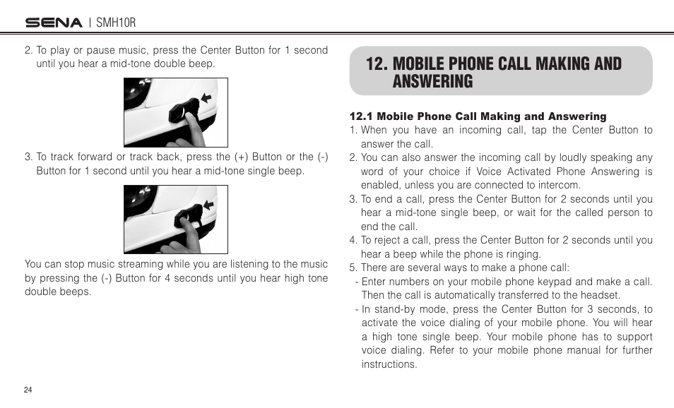 Mobile phone call making and answering | Sena Bluetooth SMH10R v4.3 User's Guide User Manual | Page 24 / 51