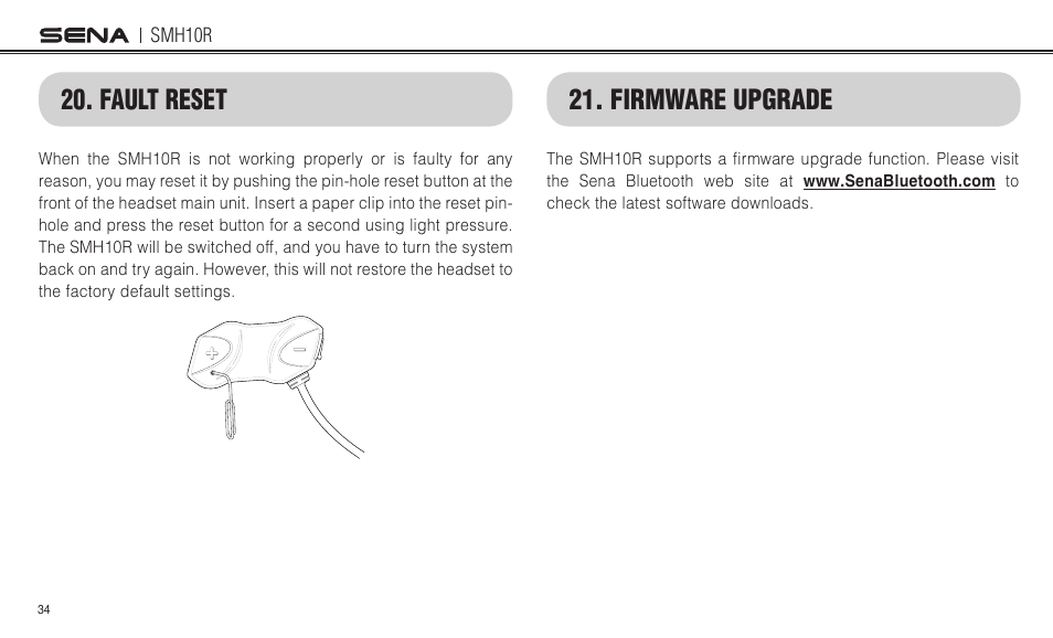 Fault reset …………………………………………………………………………………………… 34, Fault reset, Firmware upgrade | Sena Bluetooth SMH10R v4.3 User's Guide User Manual | Page 34 / 51
