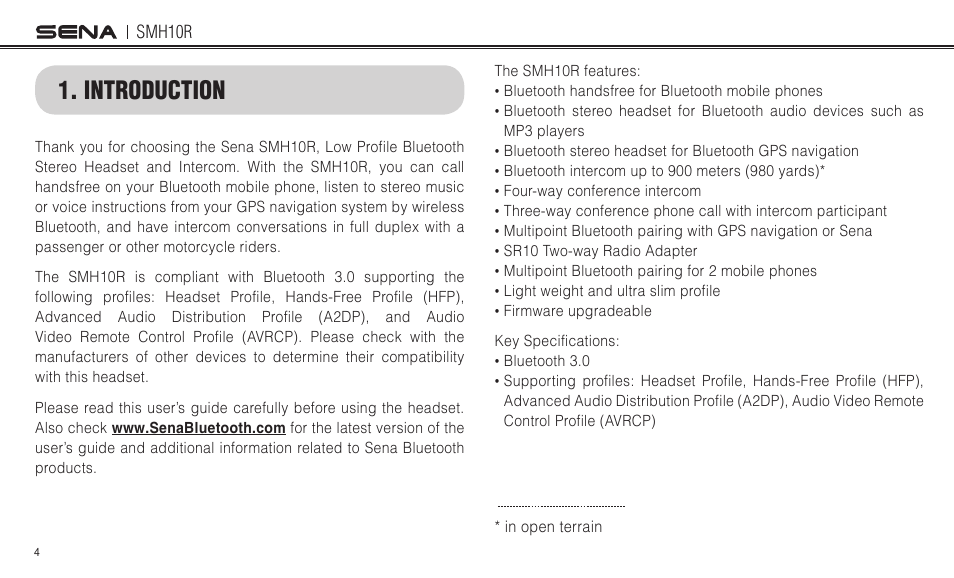 Introduction……………………………………………………………………………………………… 4, Introduction | Sena Bluetooth SMH10R v4.3 User's Guide User Manual | Page 4 / 51