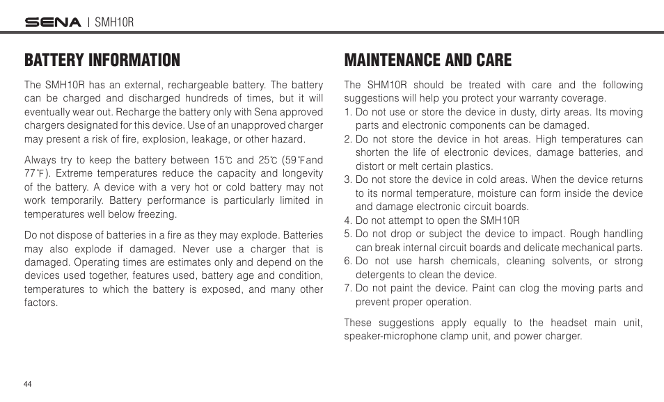 Battery information, Maintenance and care | Sena Bluetooth SMH10R v4.3 User's Guide User Manual | Page 44 / 51