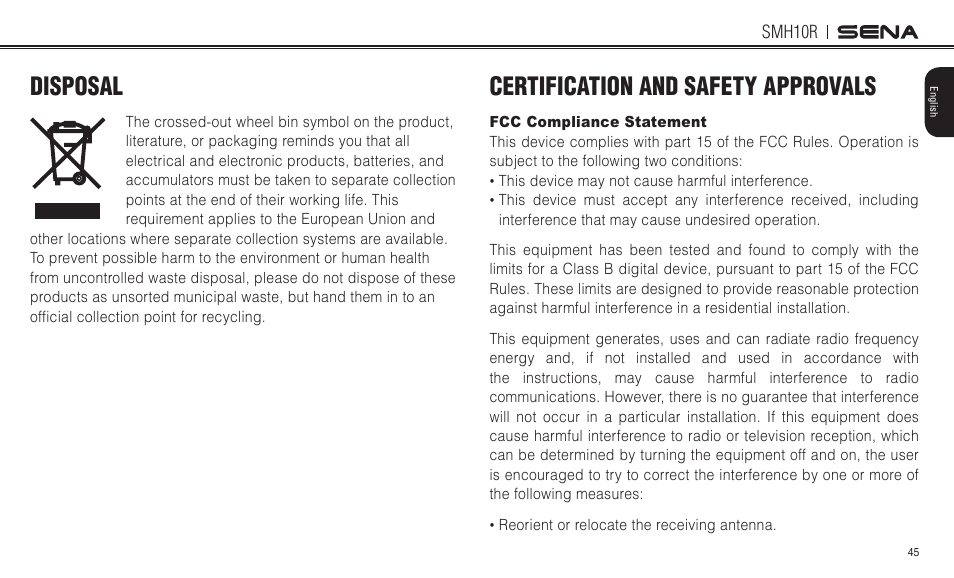 Disposal …………………………………………………………………………………………………… 45, Disposal, Certification and safety approvals | Sena Bluetooth SMH10R v4.3 User's Guide User Manual | Page 45 / 51