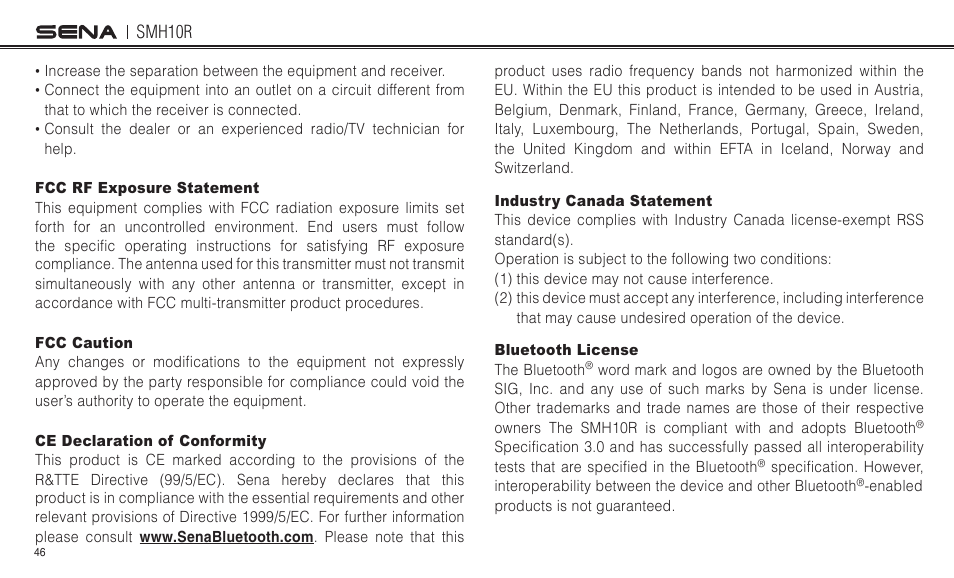 Smh10r | Sena Bluetooth SMH10R v4.3 User's Guide User Manual | Page 46 / 51