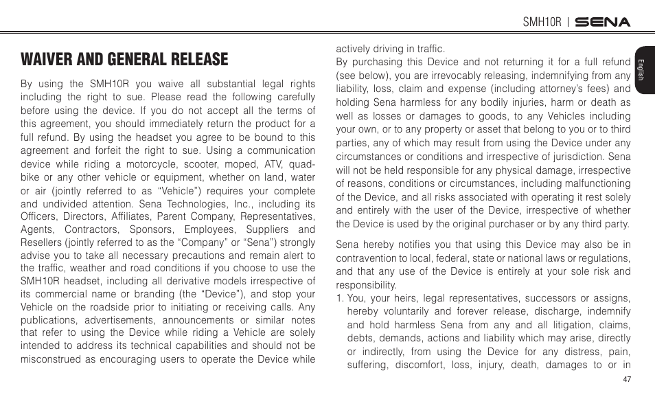 Waiver and general release | Sena Bluetooth SMH10R v4.3 User's Guide User Manual | Page 47 / 51