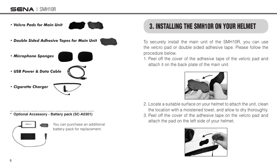 Installing the smh10r on your helmet | Sena Bluetooth SMH10R v4.3 User's Guide User Manual | Page 6 / 51