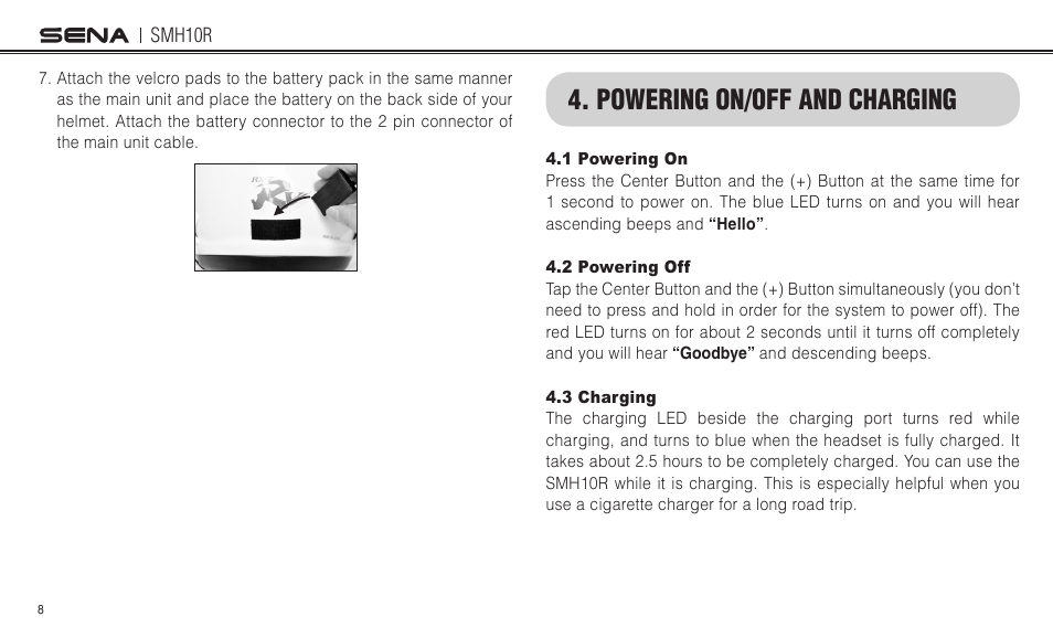 Powering on/off and charging | Sena Bluetooth SMH10R v4.3 User's Guide User Manual | Page 8 / 51