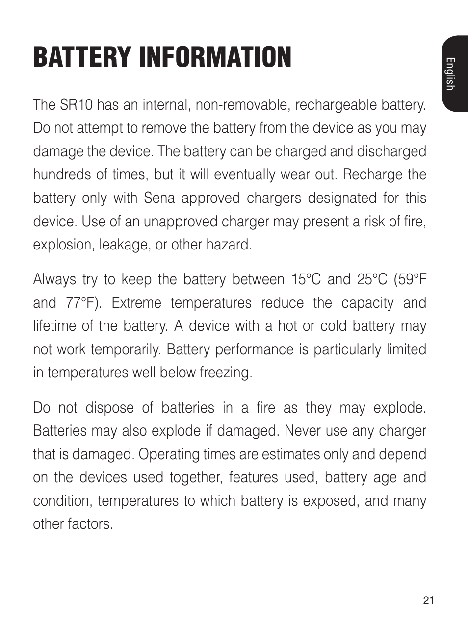 Battery information | Sena Bluetooth SR10 v1.2 User's Guide User Manual | Page 20 / 33