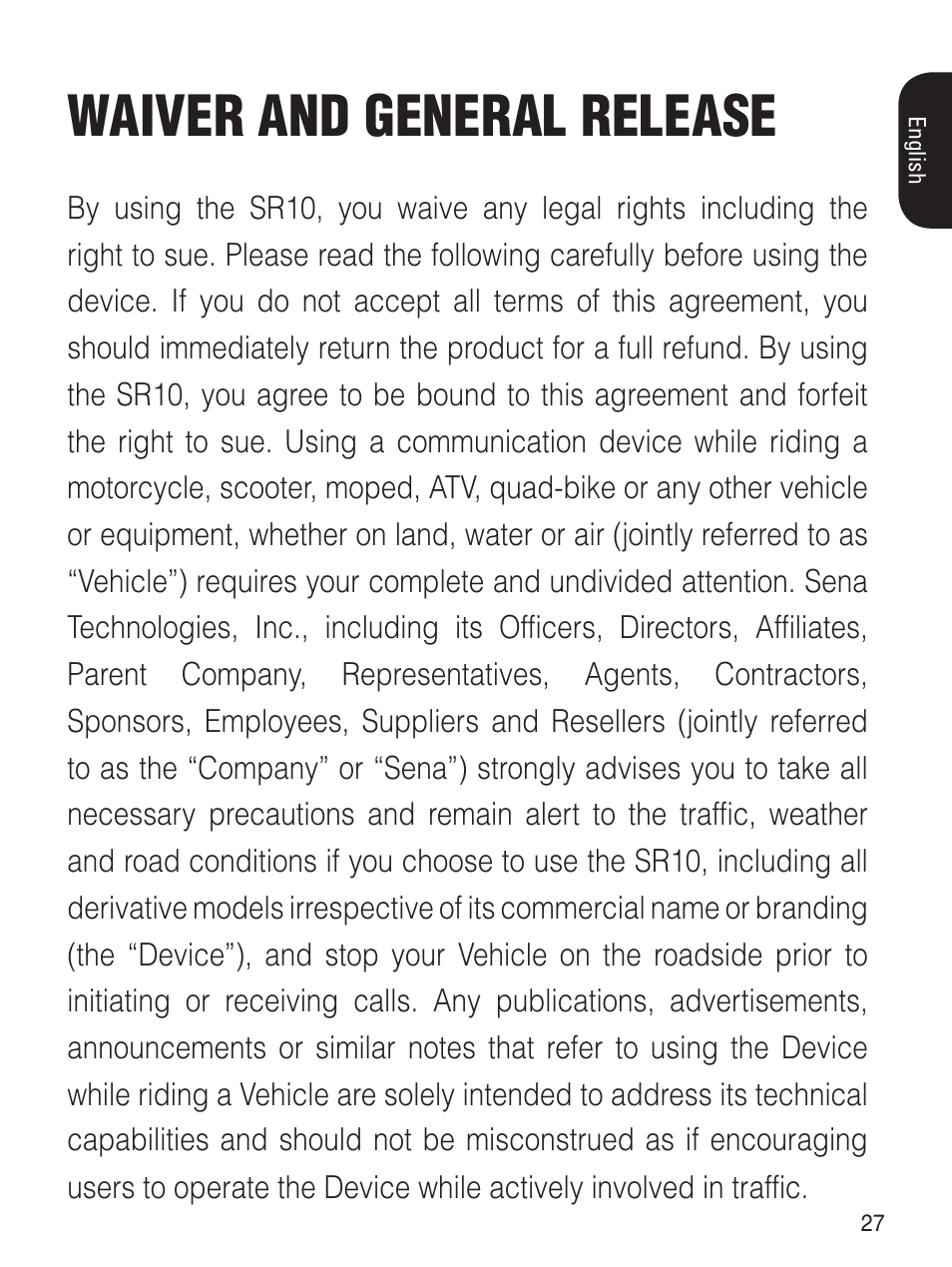 Waiver and general release | Sena Bluetooth SR10 v1.2 User's Guide User Manual | Page 26 / 33