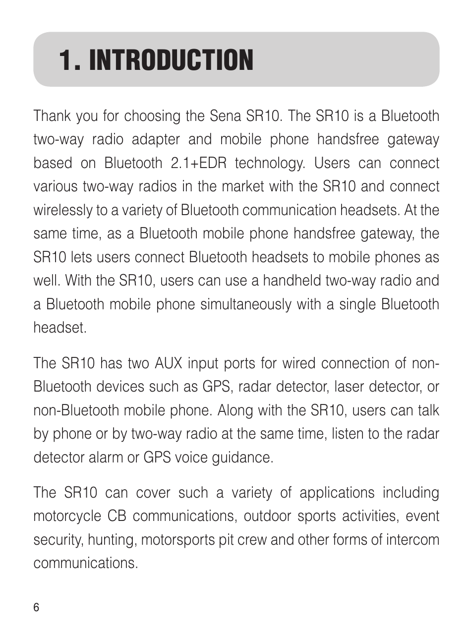 Introduction | Sena Bluetooth SR10 v1.2 User's Guide User Manual | Page 5 / 33