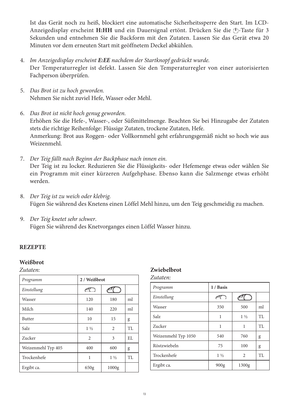 Rezepte weißbrot zutaten, Zwiebelbrot zutaten | SEVERIN BM 3990 User Manual | Page 13 / 180