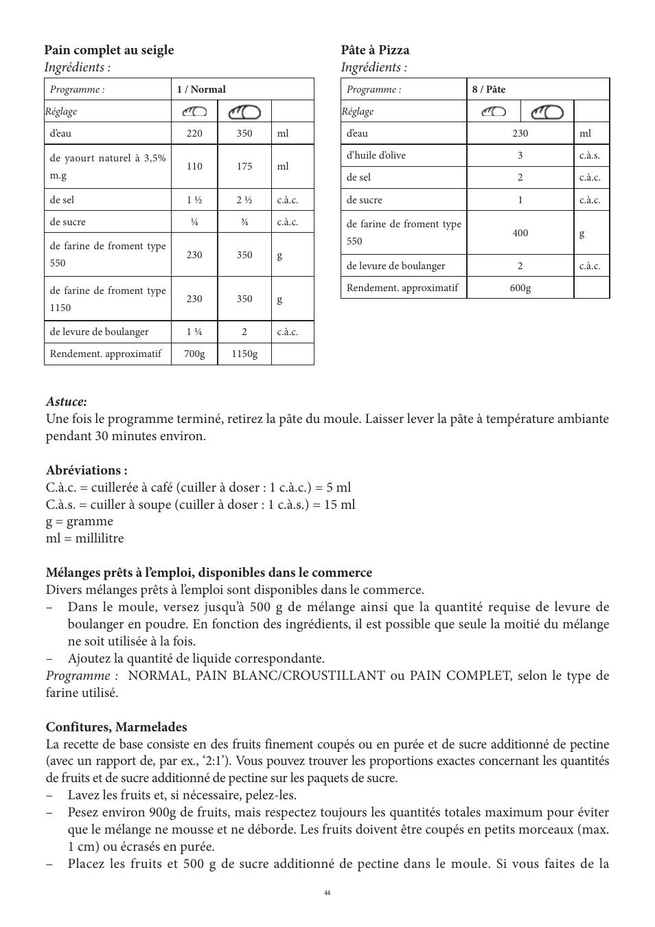 Pain complet au seigle ingrédients, Pâte à pizza ingrédients | SEVERIN BM 3990 User Manual | Page 44 / 180