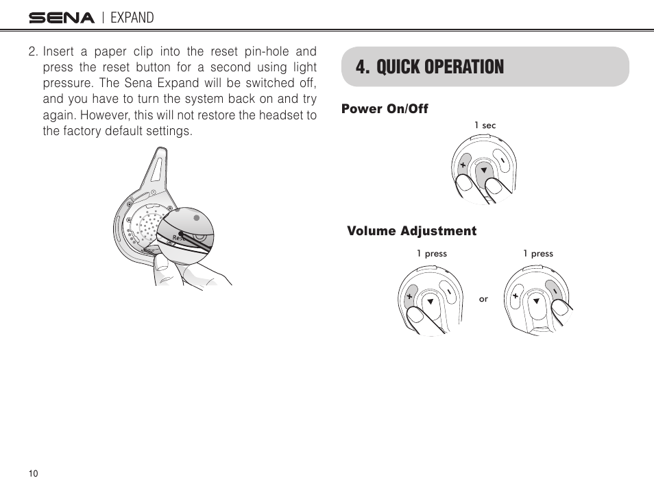 Quick operation, Expand | Sena Bluetooth EXPAND v1.0 User's Guide User Manual | Page 10 / 42