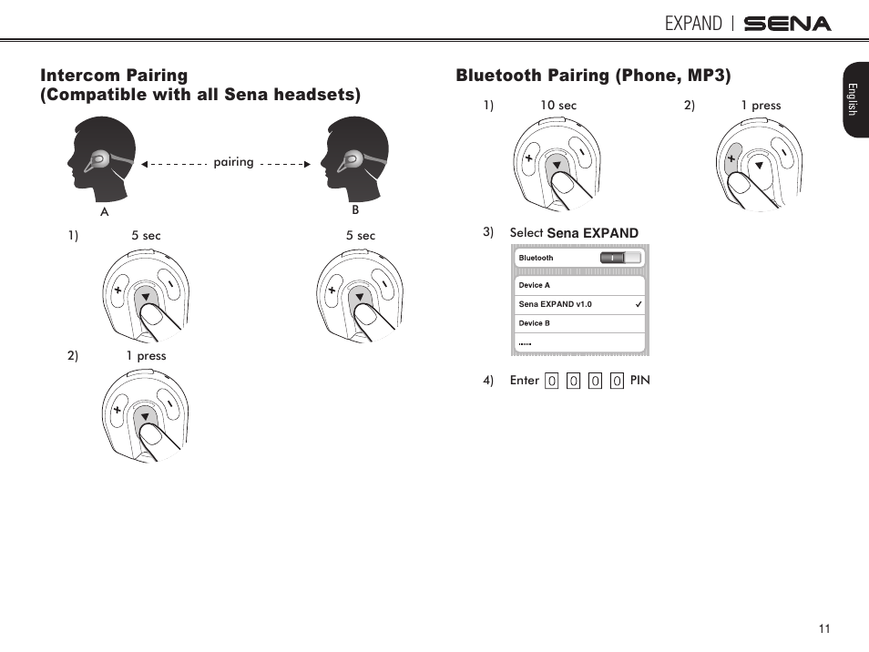 Expand, Bluetooth pairing (phone, mp3) | Sena Bluetooth EXPAND v1.0 User's Guide User Manual | Page 11 / 42