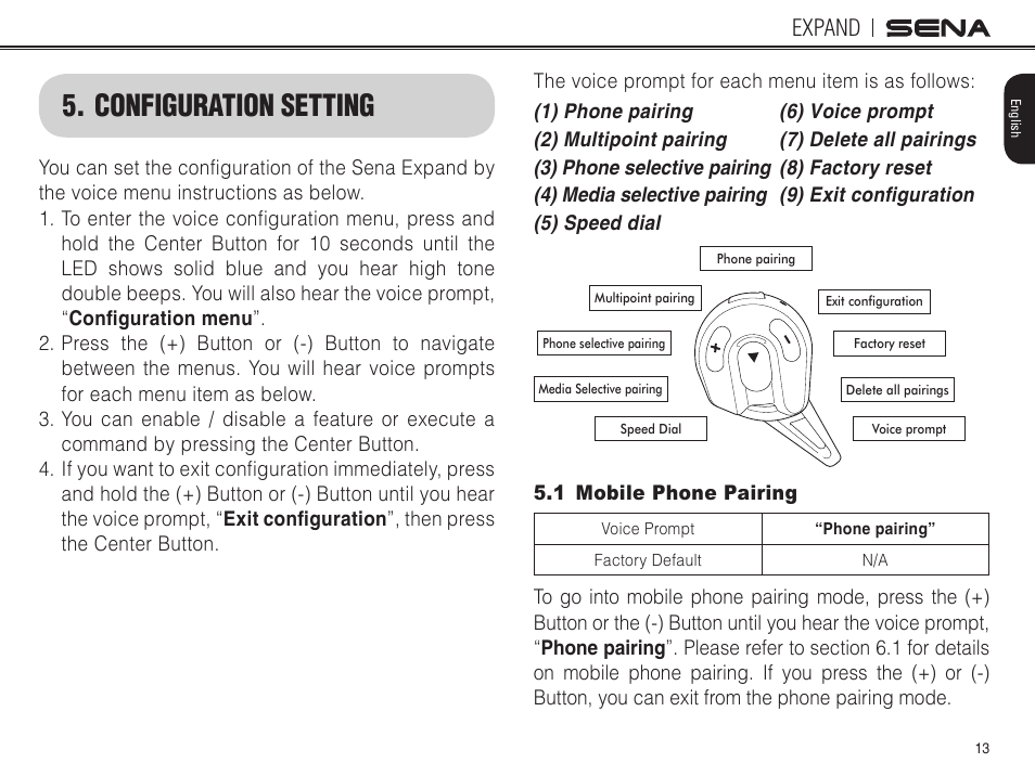 Configuration setting, 1 mobile phone pairing, Expand | Sena Bluetooth EXPAND v1.0 User's Guide User Manual | Page 13 / 42