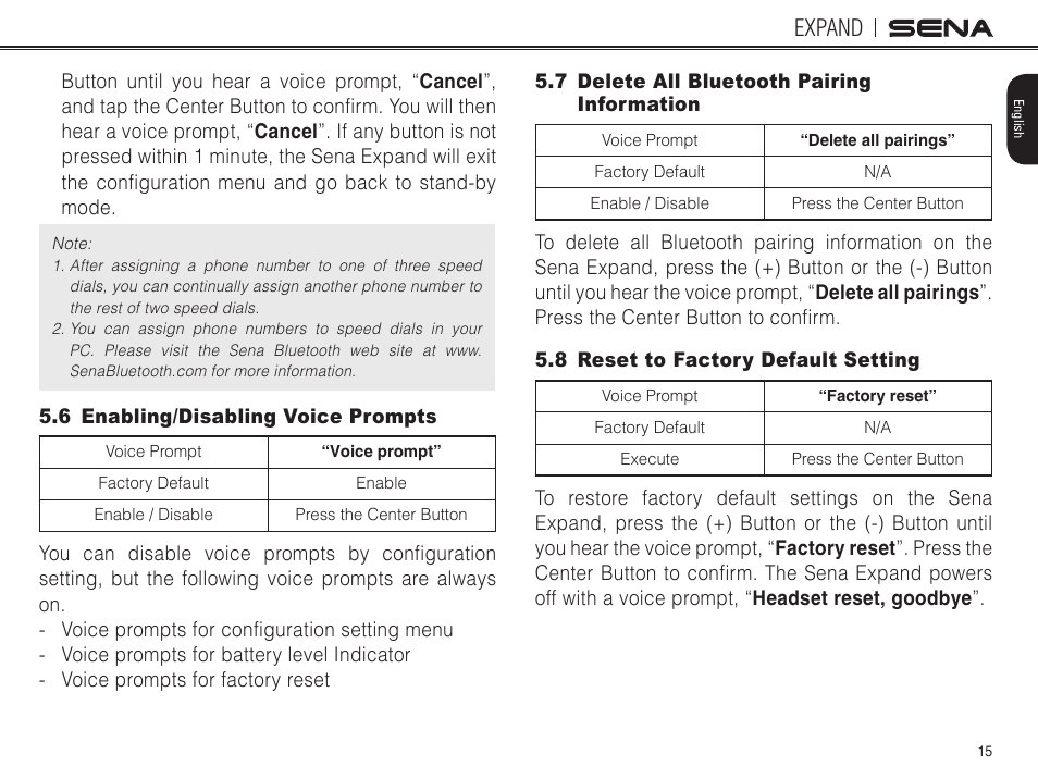 6 enabling/disabling voice prompts, 7 delete all bluetooth pairing information, 8 reset to factory default setting | Expand | Sena Bluetooth EXPAND v1.0 User's Guide User Manual | Page 15 / 42