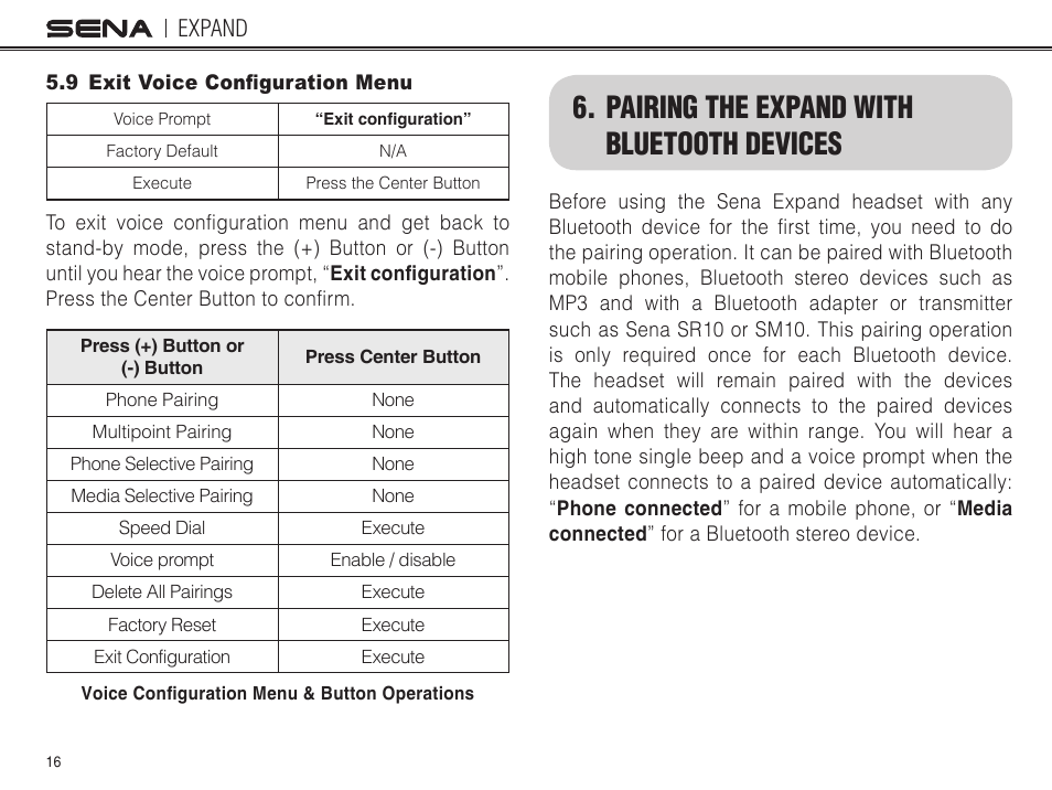 9 exit voice configuration menu, Pairing the expand with bluetooth devices, Expand | Sena Bluetooth EXPAND v1.0 User's Guide User Manual | Page 16 / 42