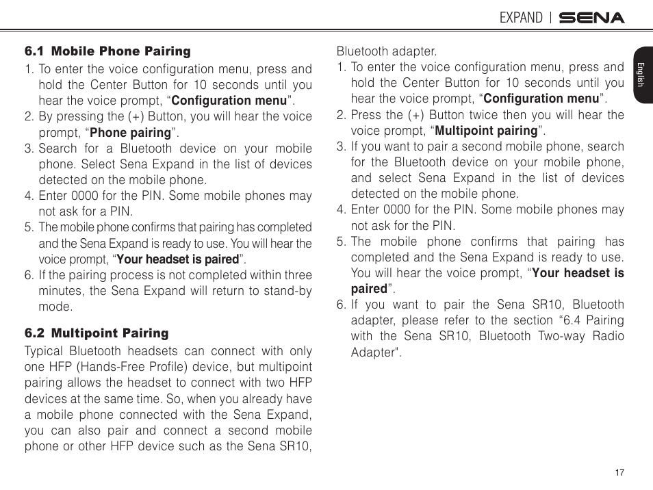 1 mobile phone pairing, 2 multipoint pairing | Sena Bluetooth EXPAND v1.0 User's Guide User Manual | Page 17 / 42