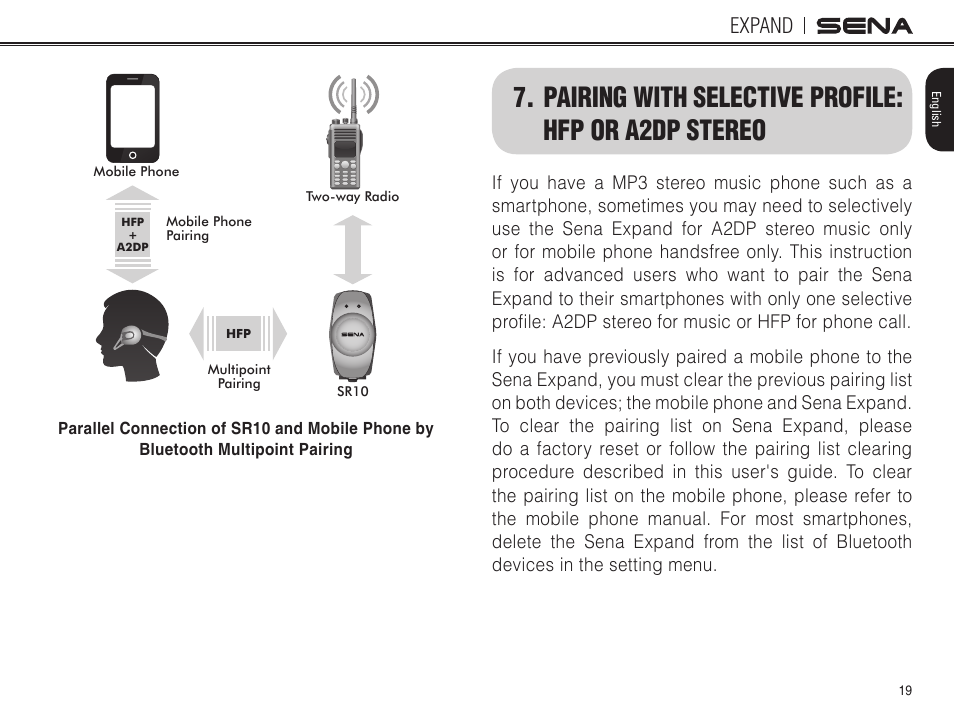 Pairing with selective profile: hfp or a2dp stereo, Expand | Sena Bluetooth EXPAND v1.0 User's Guide User Manual | Page 19 / 42