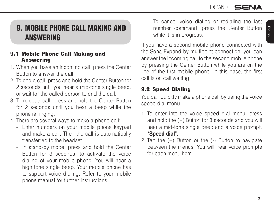Mobile phone call making and answering, 1 mobile phone call making and answering, 2 speed dialing | Sena Bluetooth EXPAND v1.0 User's Guide User Manual | Page 21 / 42