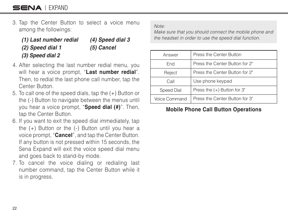 Expand | Sena Bluetooth EXPAND v1.0 User's Guide User Manual | Page 22 / 42