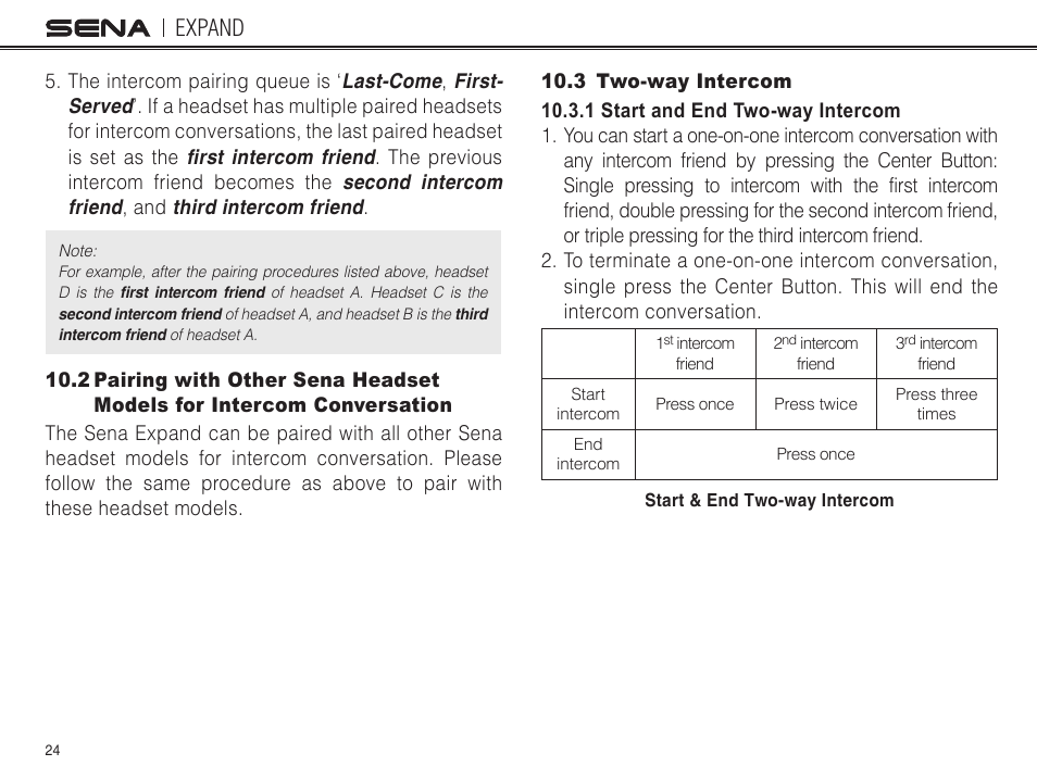 Conversation, 3 two-way intercom, Expand | Sena Bluetooth EXPAND v1.0 User's Guide User Manual | Page 24 / 42