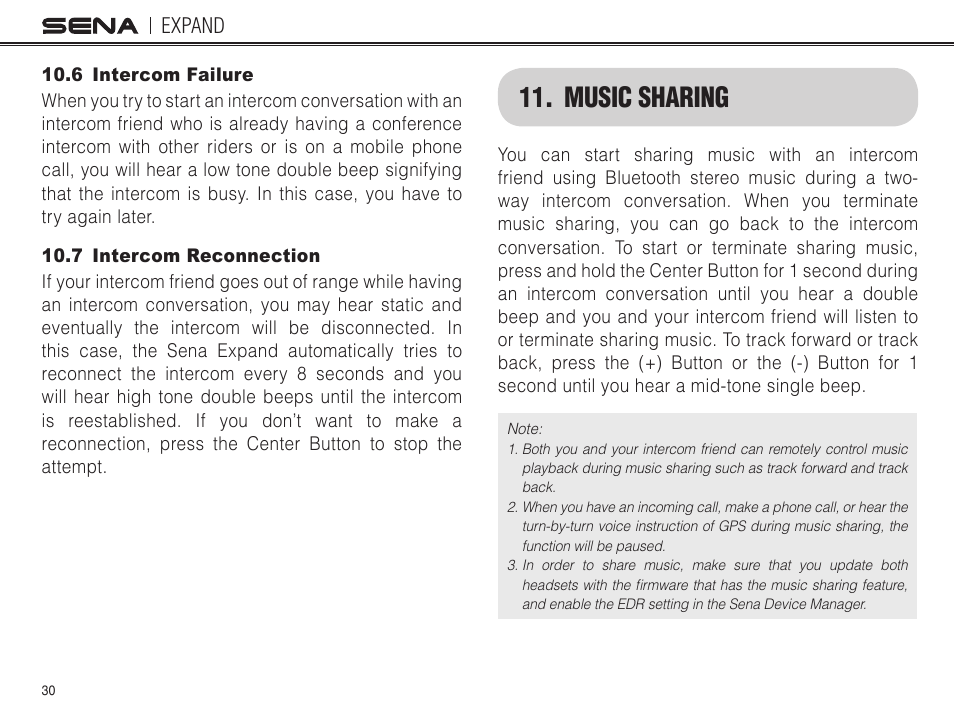 6 intercom failure, 7 intercom reconnection, Music sharing | Expand | Sena Bluetooth EXPAND v1.0 User's Guide User Manual | Page 30 / 42