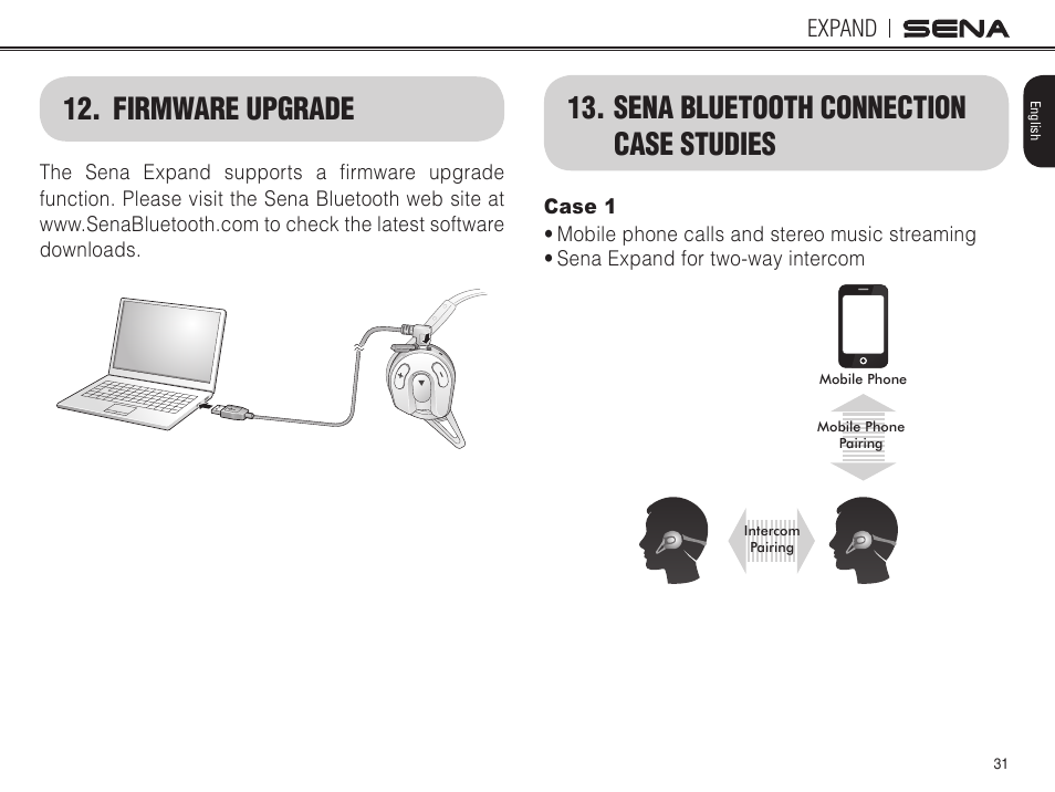 Firmware upgrade, Sena bluetooth connection case studies, Case 1 | Expand | Sena Bluetooth EXPAND v1.0 User's Guide User Manual | Page 31 / 42