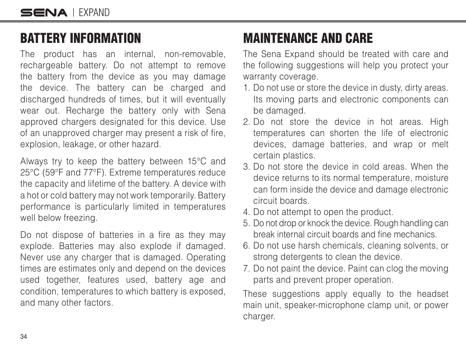 Battery information, Maintenance and care | Sena Bluetooth EXPAND v1.0 User's Guide User Manual | Page 34 / 42