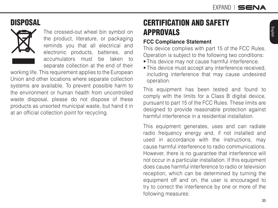 Disposal, Certification and safety approvals, Fcc compliance statement | Sena Bluetooth EXPAND v1.0 User's Guide User Manual | Page 35 / 42