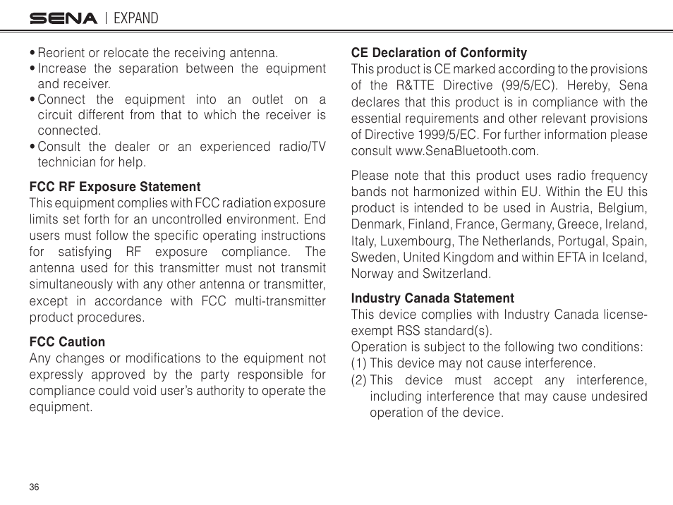 Fcc rf exposure statement, Fcc caution, Ce declaration of conformity | Industry canada statement | Sena Bluetooth EXPAND v1.0 User's Guide User Manual | Page 36 / 42