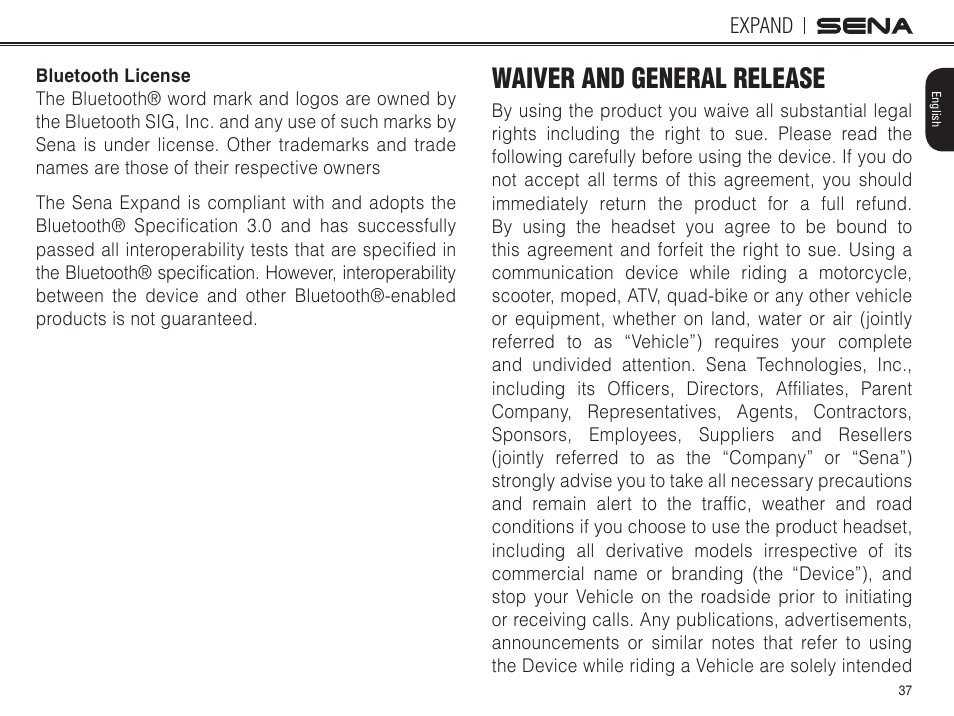Bluetooth license, Waiver and general release | Sena Bluetooth EXPAND v1.0 User's Guide User Manual | Page 37 / 42