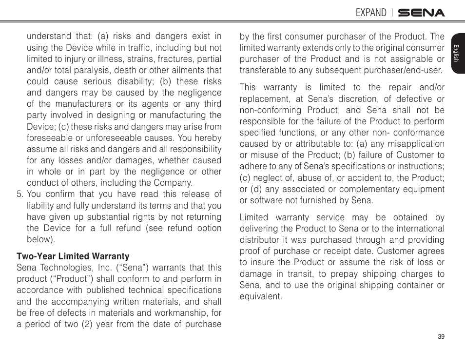 Two-year limited warranty | Sena Bluetooth EXPAND v1.0 User's Guide User Manual | Page 39 / 42