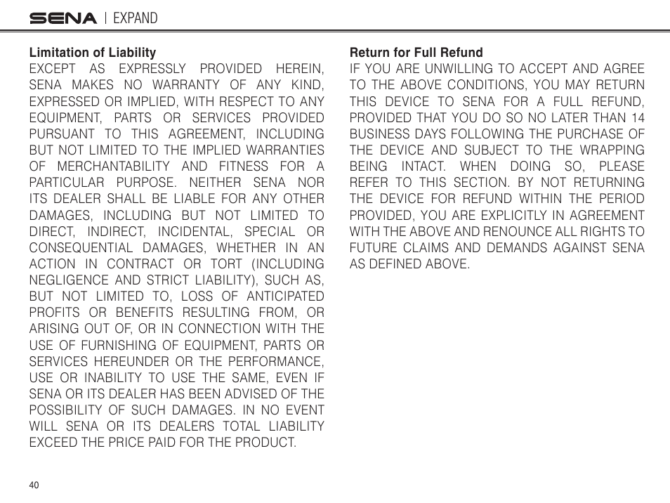 Limitation of liability, Return for full refund | Sena Bluetooth EXPAND v1.0 User's Guide User Manual | Page 40 / 42