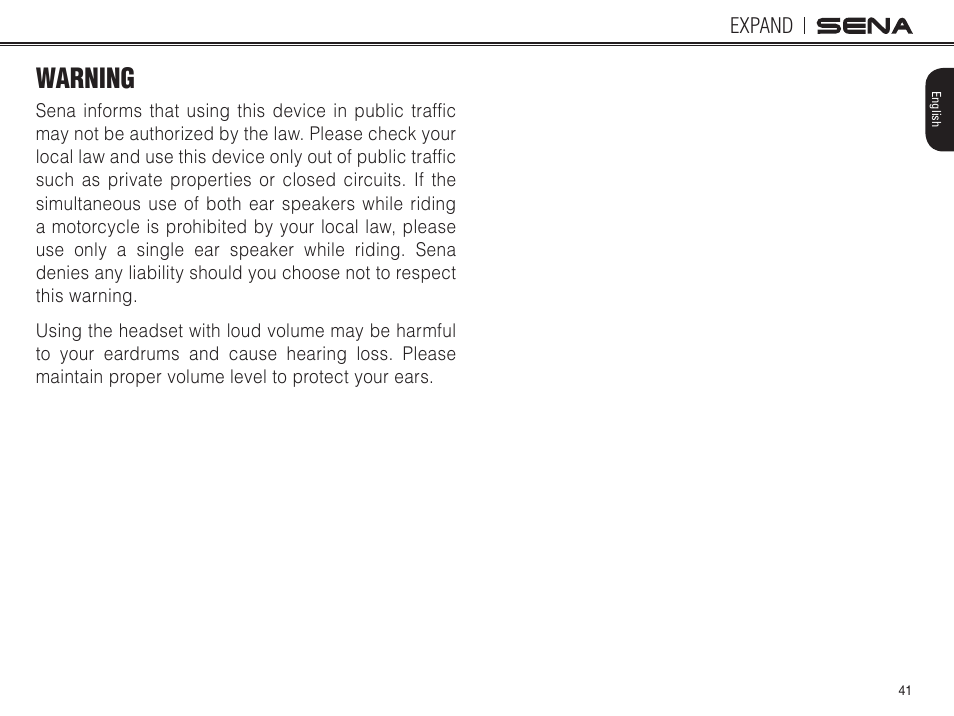 Warning | Sena Bluetooth EXPAND v1.0 User's Guide User Manual | Page 41 / 42