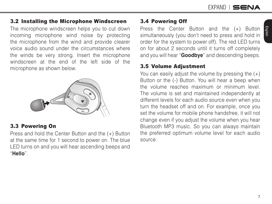 2 installing the microphone windscreen, 3 powering on, 4 powering off | 5 volume adjustment | Sena Bluetooth EXPAND v1.0 User's Guide User Manual | Page 7 / 42